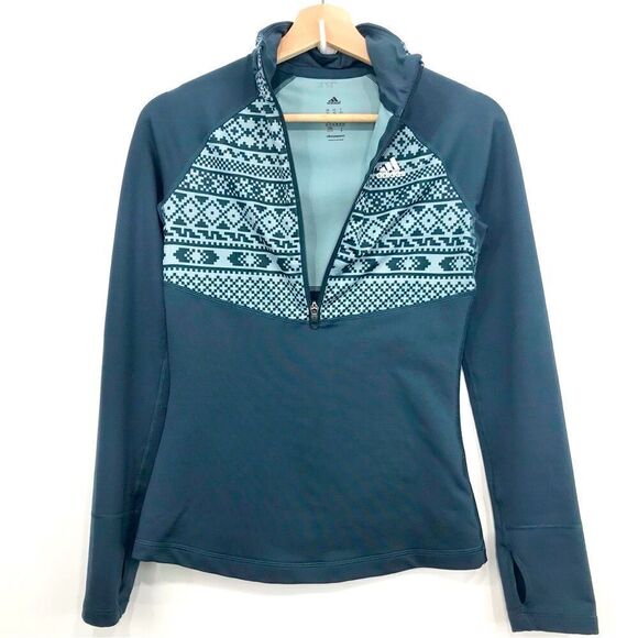 Adidas Climawarm Teal Nordic Pattern Half Zip Thumbhole Running Pullover - Picture 2 of 15